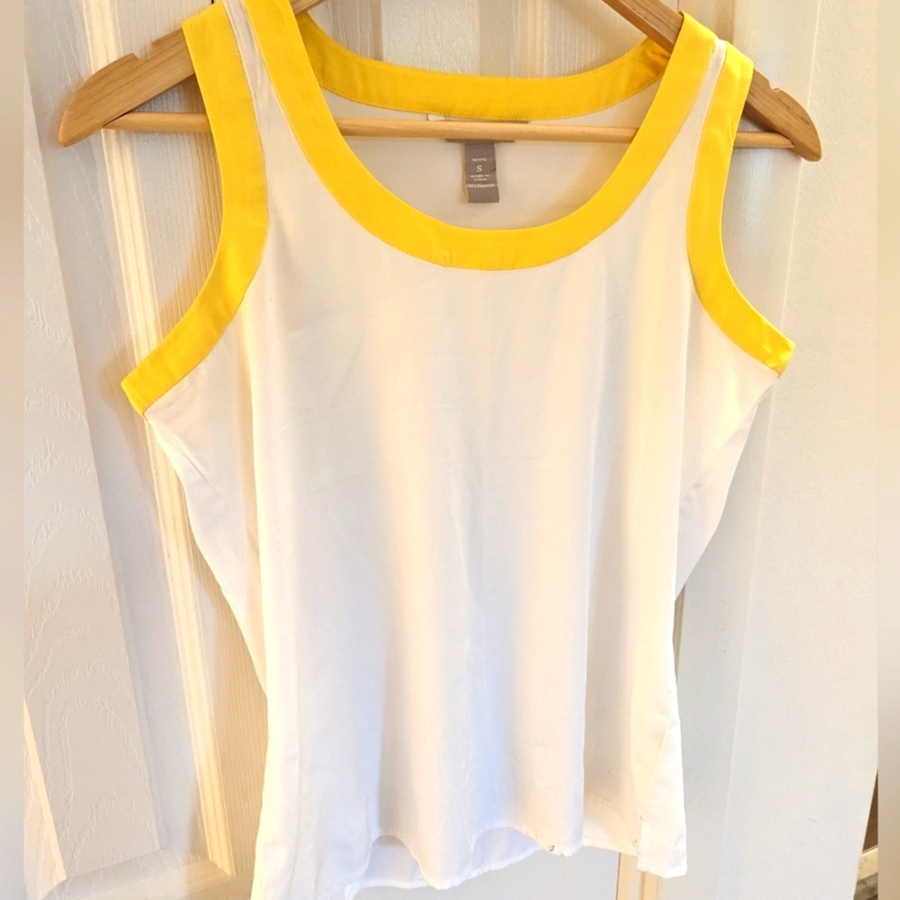 Banana Republic white sleeveless blouse with yellow trim